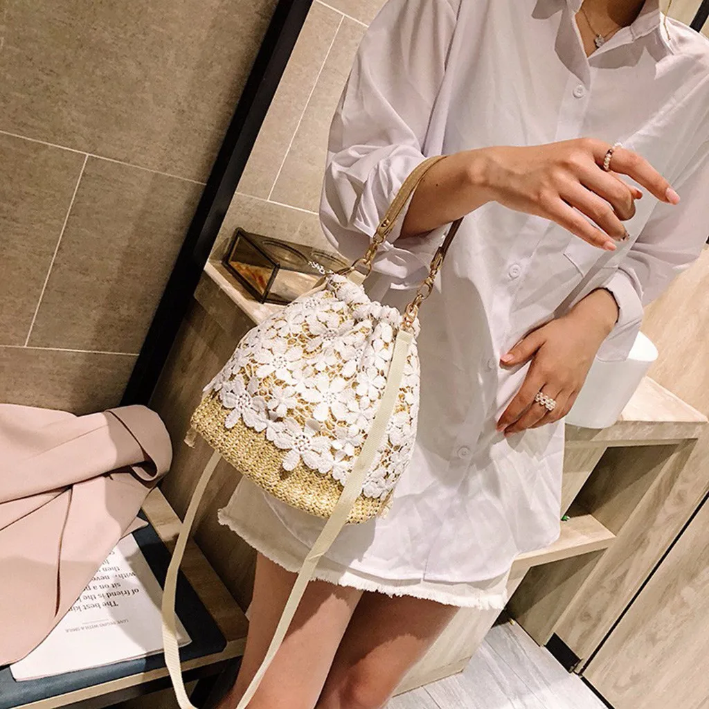 

Straw Bucket Bag lace handbag tote Women Beach Bolsos Rattan bag Flower crossbody bags for woman girls Messenger wicker sac