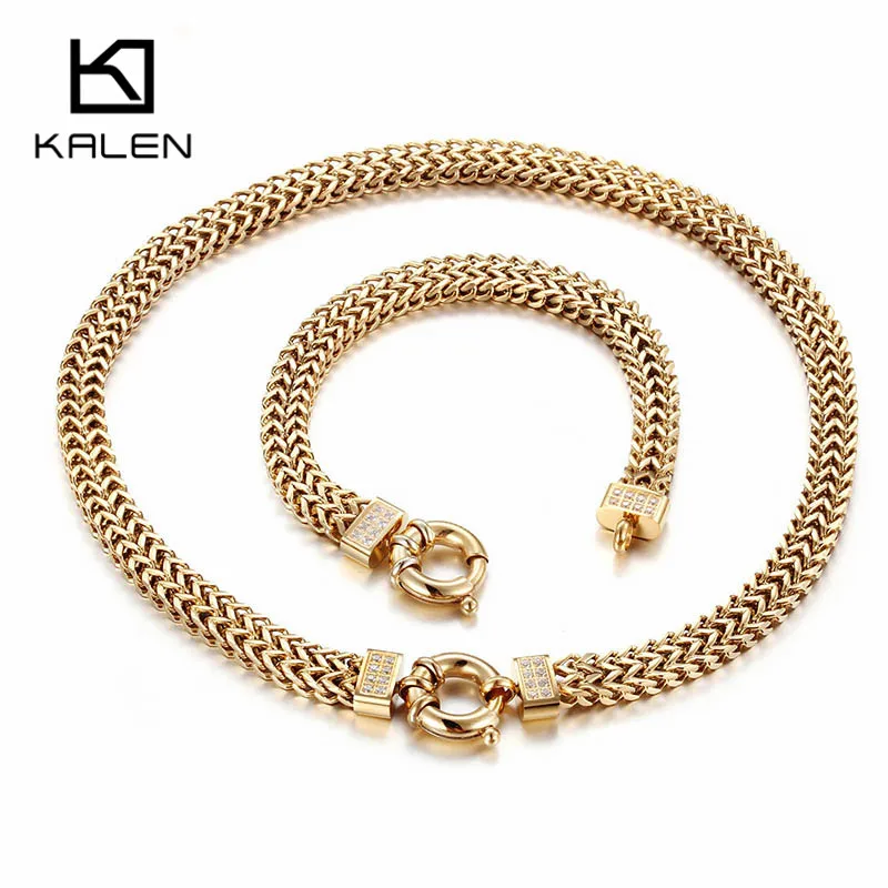 

Kalen 2018 New Fashion Jewelry Set Stainless Steel Bulgaria Gold Color 450mm Long Collar Necklace & Bracelets Sets For Men Women