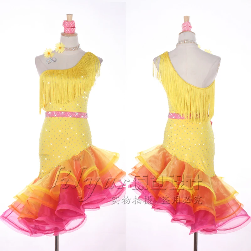 

Latin Dance Dress For Women Yellow Gradation Oblique Shoulder Salsa Tango Ballroom Competition Latin Dance Fringe Dress BL1308