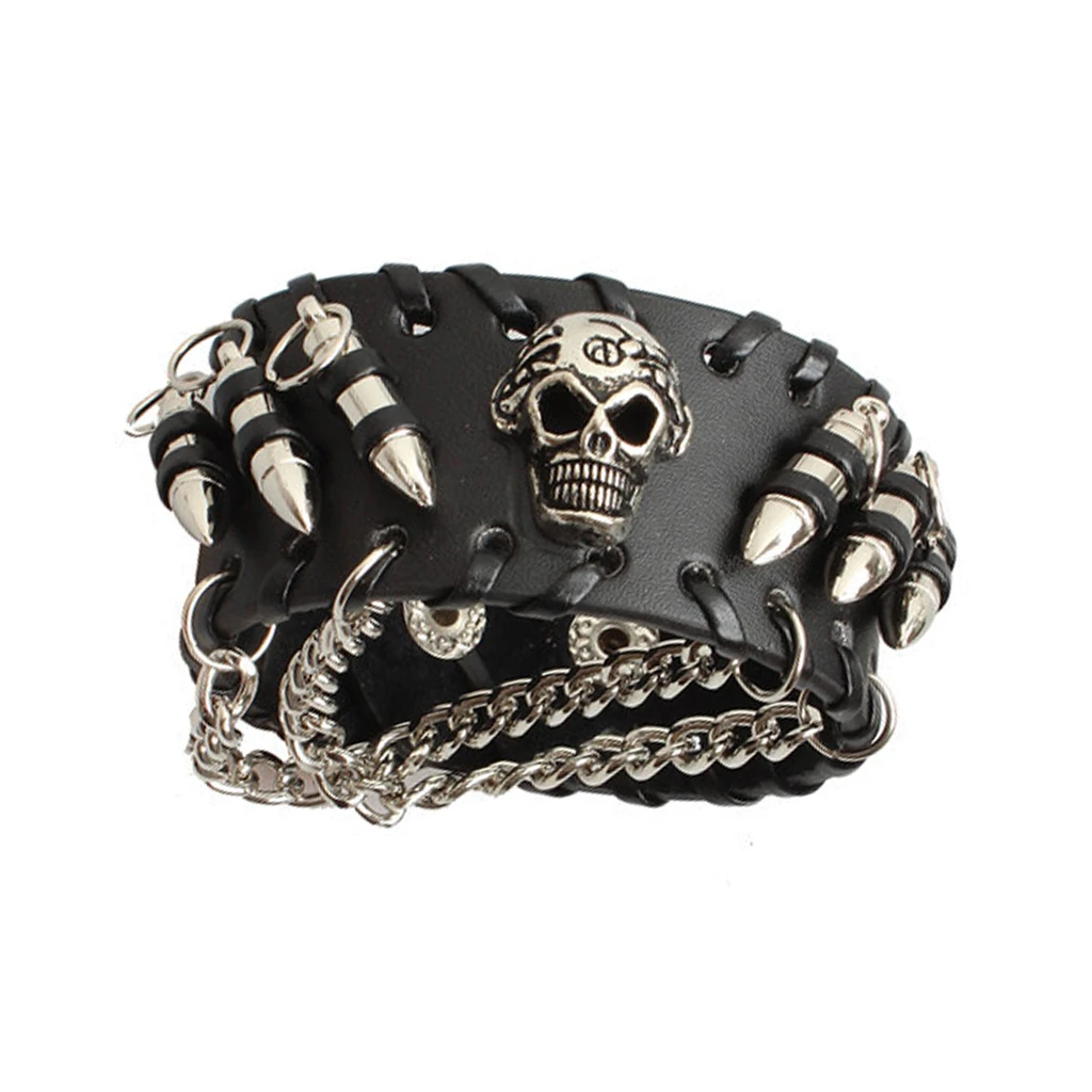 Punk Style Braclets for Men Women Black PU Leather Bangle Punk Skeleton Skull Wristband Bracelets Metal Chain