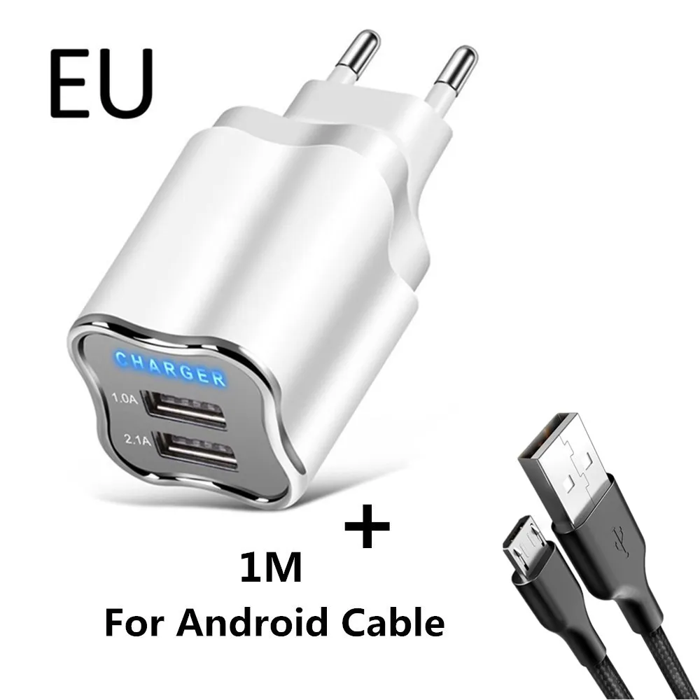 Настоящий 5 в 2.1A светодиодный USB зарядное устройство EU/USA 2 штекер хорошая зарядка для путешествий настенное зарядное устройство для мобильного телефона s для iphone ipad samsung Xiaomi huawei - Тип штекера: EU  Micro Cable