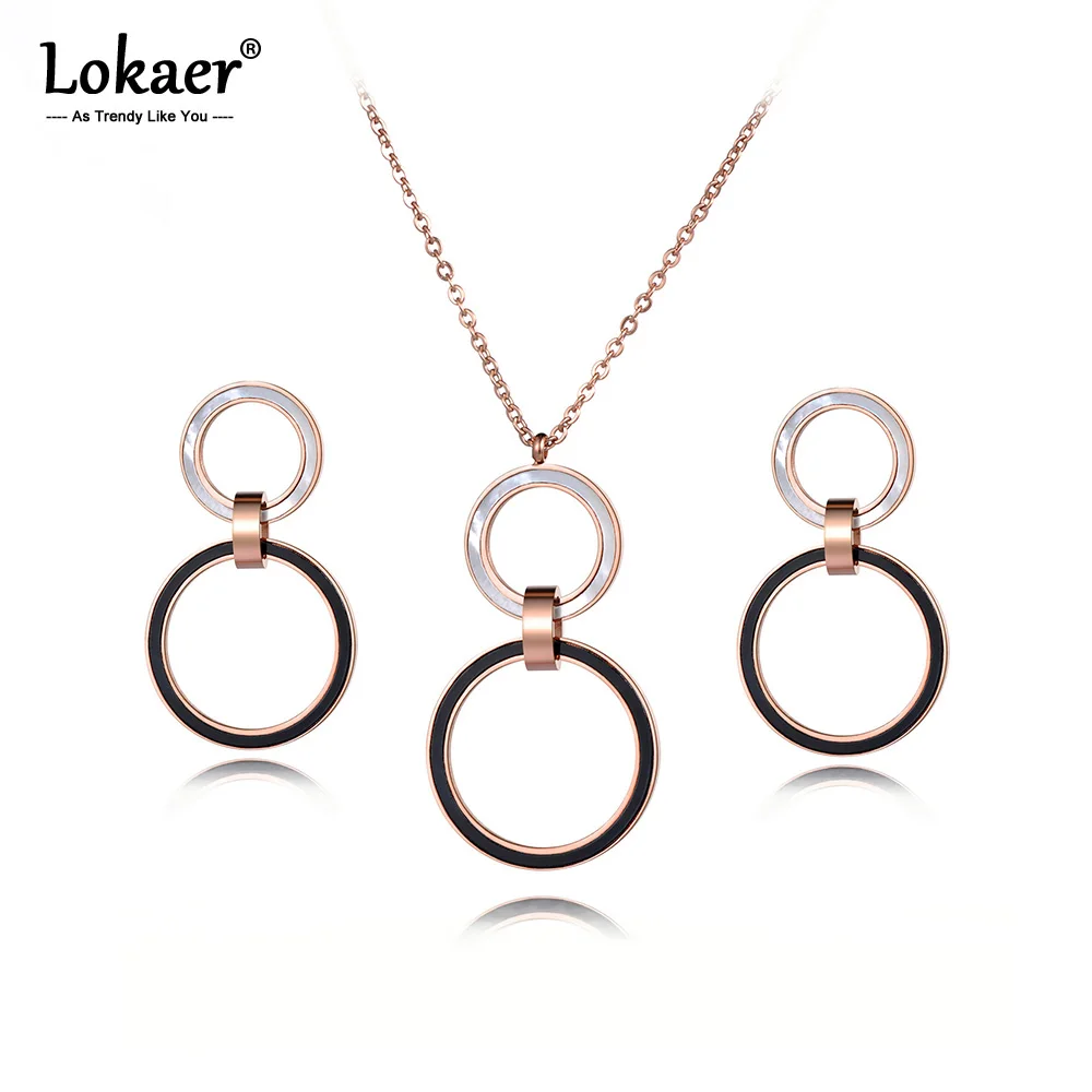 

Lokaer White Shell Black Acrylic Double Circle Stainless Steel Necklace Earrings Bridal Sets Trendy Wedding Bands Jewelry SE024