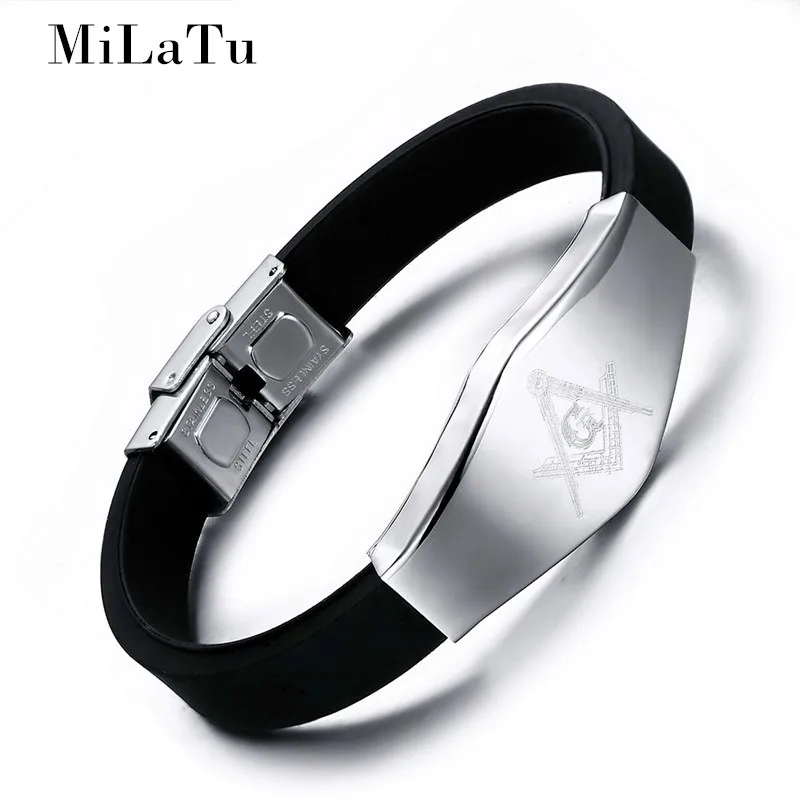 

Wholesale 21cm Masonic Bracelet Bangle For Men Stainless Steel Black Silicone Bracelet Men Freemasonry Jewelry Gift B422