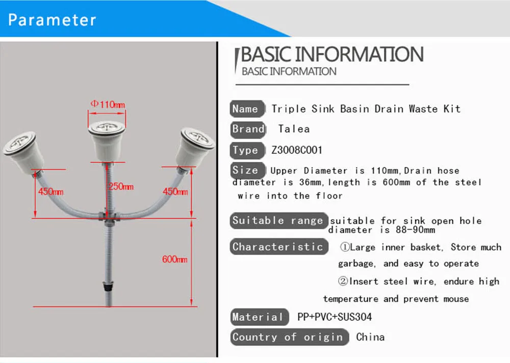 Talea тройной раковины слива отходов комплект 110 мм ситечко для раковины с стальной проволоки шланги Кухня Раковина дренаж системы Z3008C001
