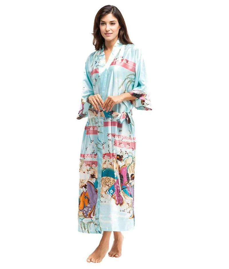 Vintage Light Blue Ladies Silk Kimono Robe Long Mujer Vestido Chinese National Printed Nightgown Yukata Dress