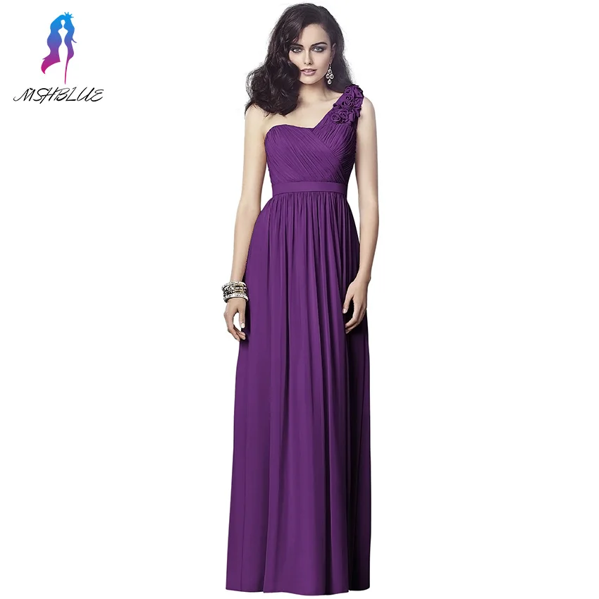 Long Purple Chiffion font b Bridesmaid b font font b Dresses b font Flowers One Shoulder
