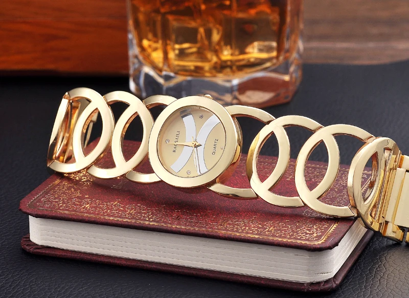 círculos, bracelete de metal, relógio vestido feriado, presente de ouro, 2022