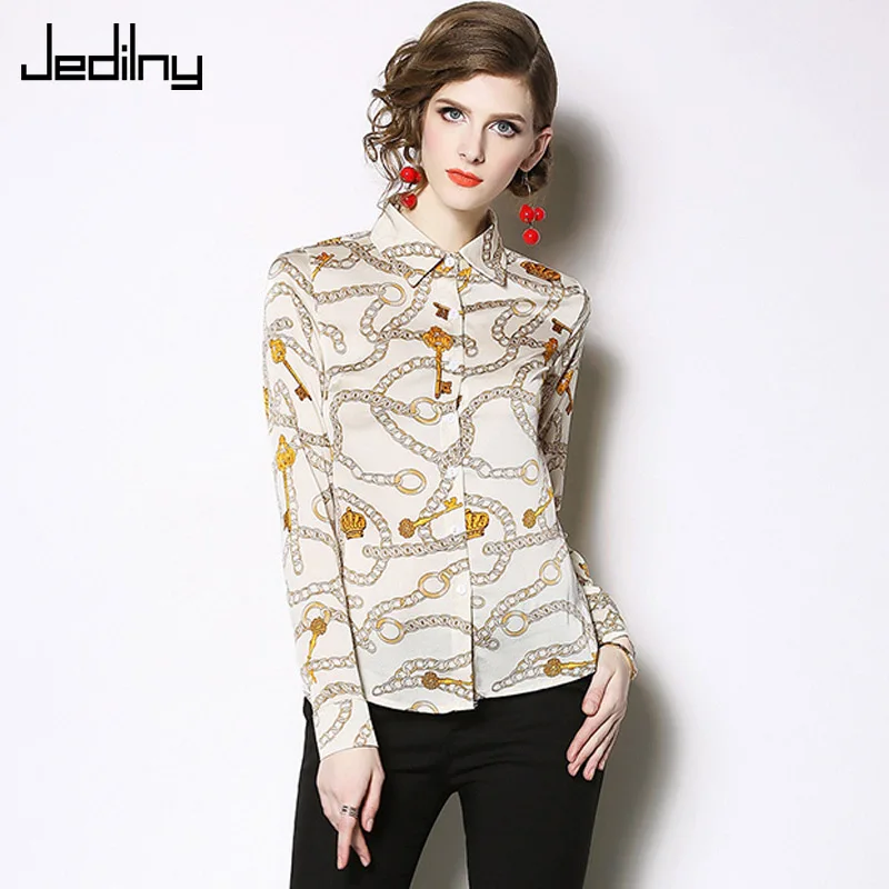 

Women Casual Blouses 2019 Summer Women Fashion Turn-down Collar Button Long Sleeve Elegant Office Lady Print Shir