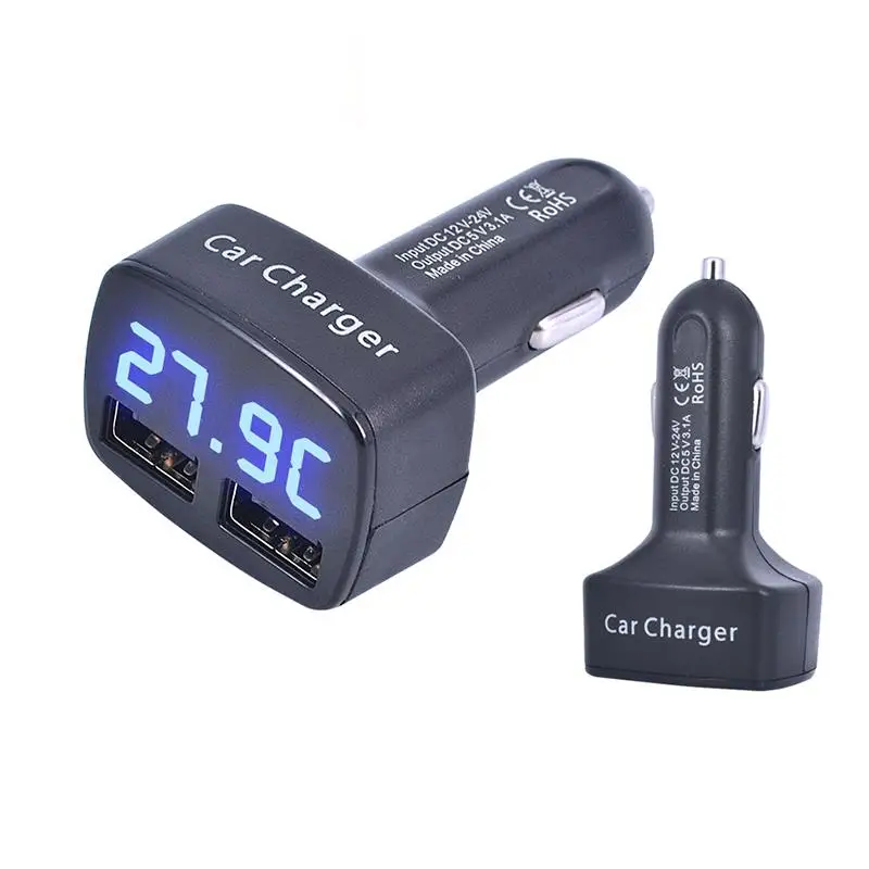 

New Arrival DC 12-24V 4 In 1 USB Car Charger Dual Port 3.1A with Temperature/Voltage/Current with Blue Light Digital Display