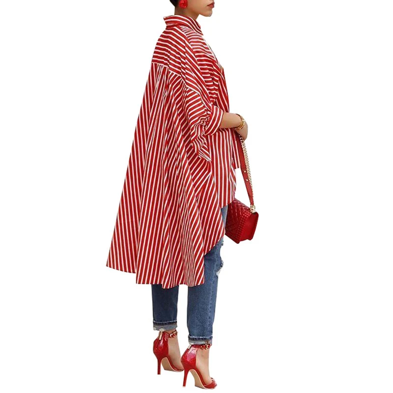 RAISEVERN المرأة بلوزة قمصان مخطط غير النظامية جاكيت فضفاض عارضة طويلة قمم بدوره إلى أسفل طوق بطو قمصان الشارع الشهير