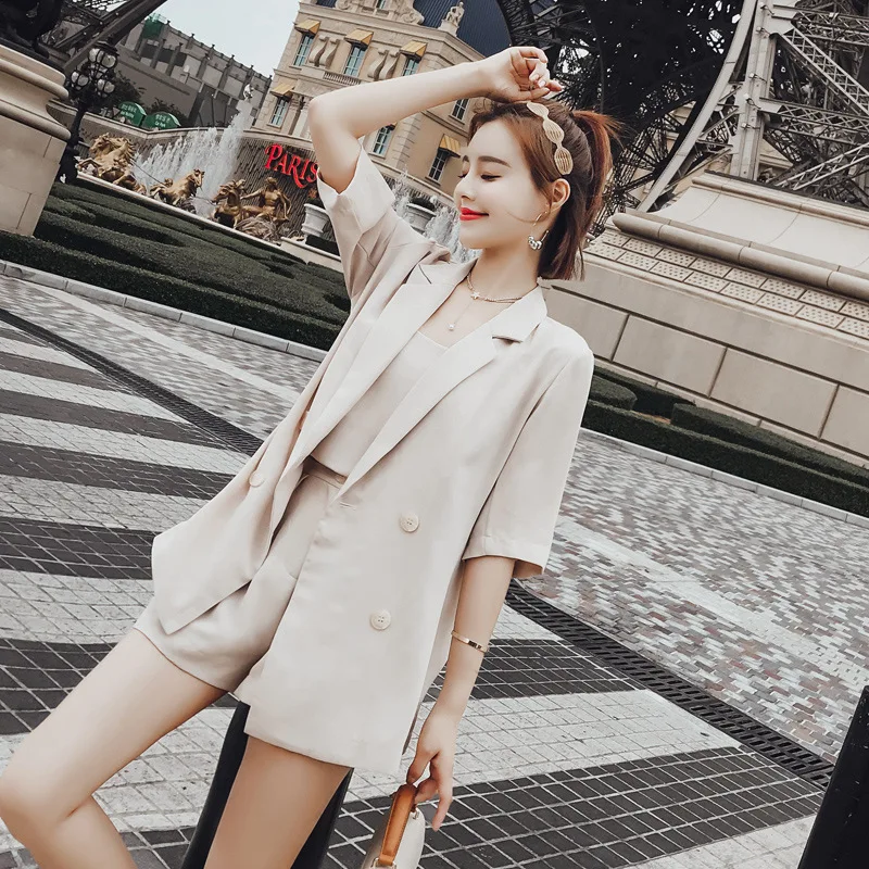 1Set (Blazer+Loose Flare Shorts+Camis) Summer Office Lady Business Turn-down Collar Casual Solid Color Fashion Women' Sets 2018 | Женская