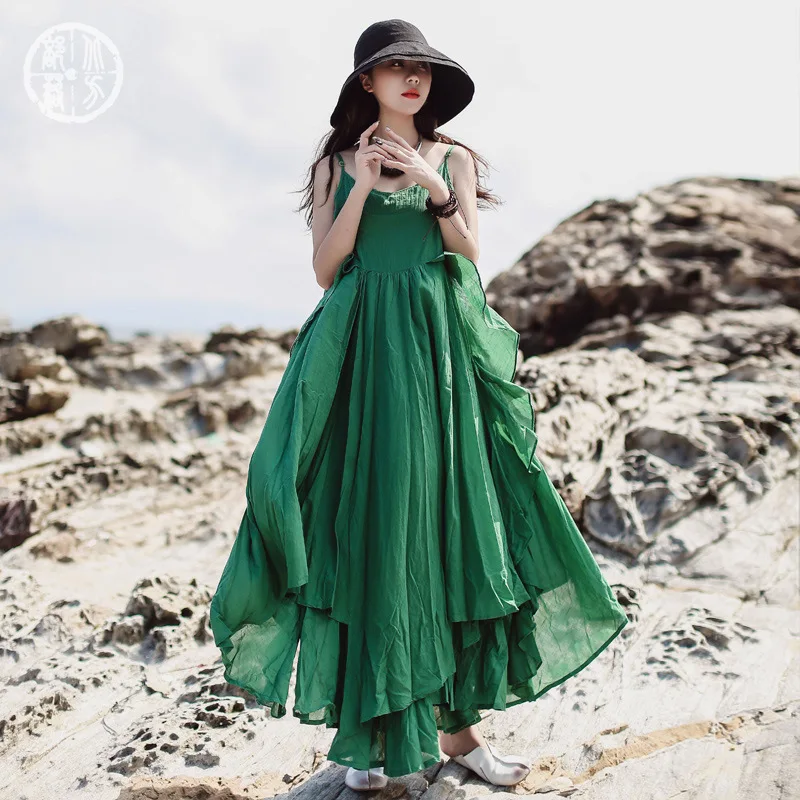 LANMREM летняя новая одежда для отдыха в пляжном стиле, однотонное свободное платье с большим подолом без рукавов, Двухслойное сексуальное платье на бретельках QH9370 - Цвет: green