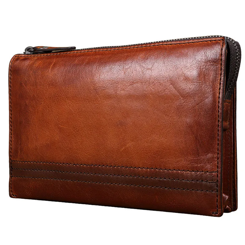 

Genuine Leather Designer Vintage Mens Wallet Large Capacity Day Clutches Multifunction Zipper Purse Wallet Card Holder Wristlets