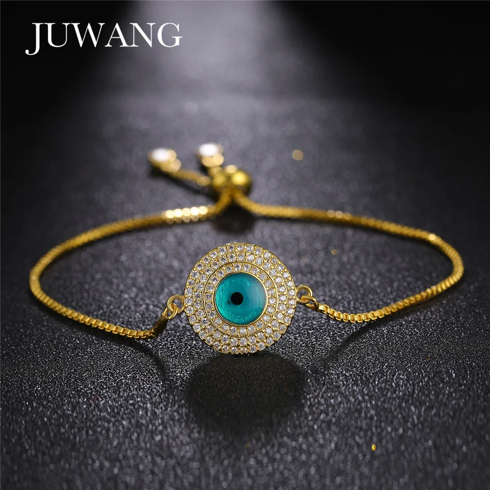 

JUWANG New Simple Turkish Green Evil Eye Bracelet for Woman Pave CZ Gold Bracelets Dubai Gold Fashion Jewelry Wholesale
