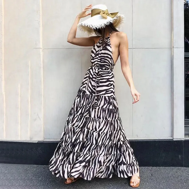 2019 женское платье без рукавов с сексуальным вырезом сзади, длинное пляжное платье с бретельками, Полосатое женское платье