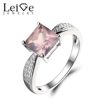 

Leige Jewelry Square Cut Pink Gemstone Engagement Ring Natural Pink Quartz Ring Solid 925 Sterling Silver Ring Gifts for Women