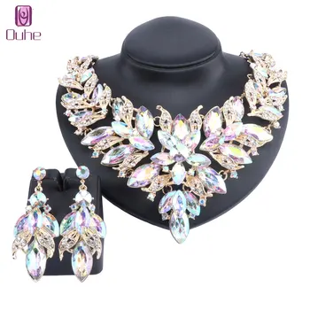 

Luxury Crystal Leaves Jewelry Sets Necklace Earrings Bridal Wedding Party Engagement Jewellery Costume Accessories Sets