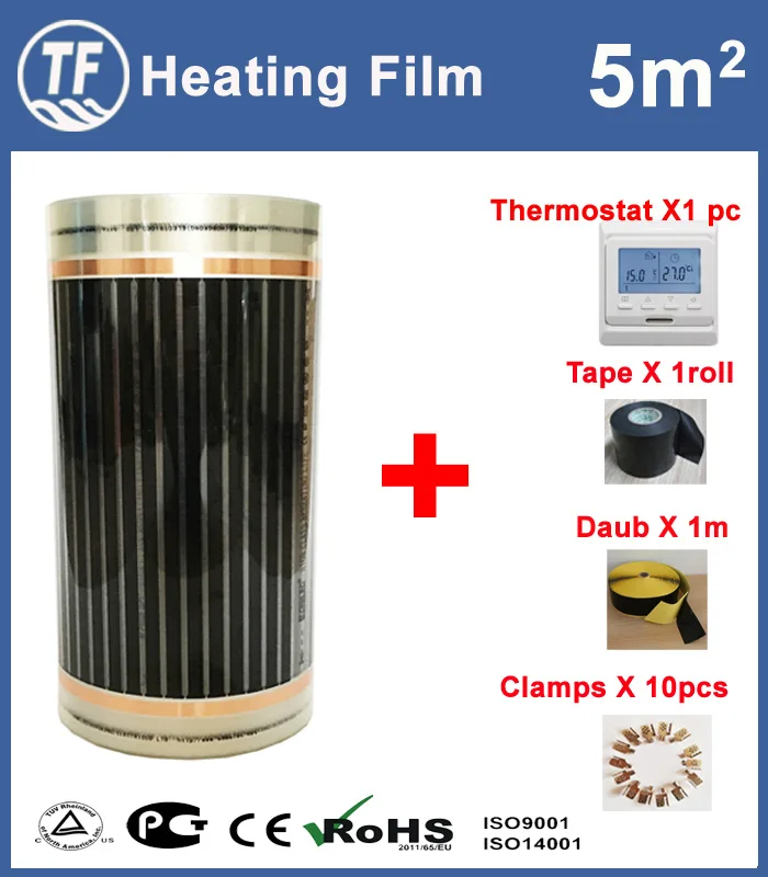 5m2 Электрический теплый пол пленка 50 см* 10 м с зажимами изоляции Daub и черный изоляционный кран - Цвет: With 16A E51