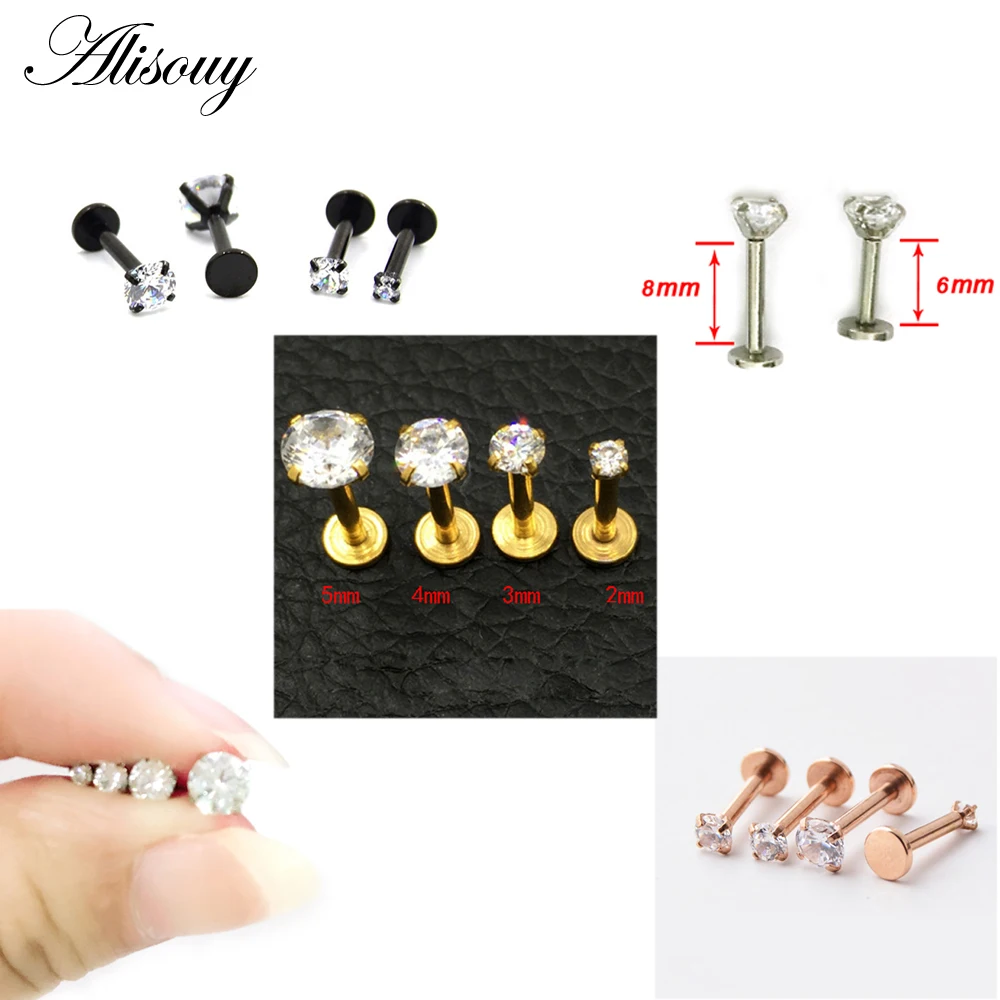 

Alisouy 1pc 16G Silver Titanium Anodized Internally Threaded Prong Top Gem Labret lip piercing Zircon labret ring Tragus Earring