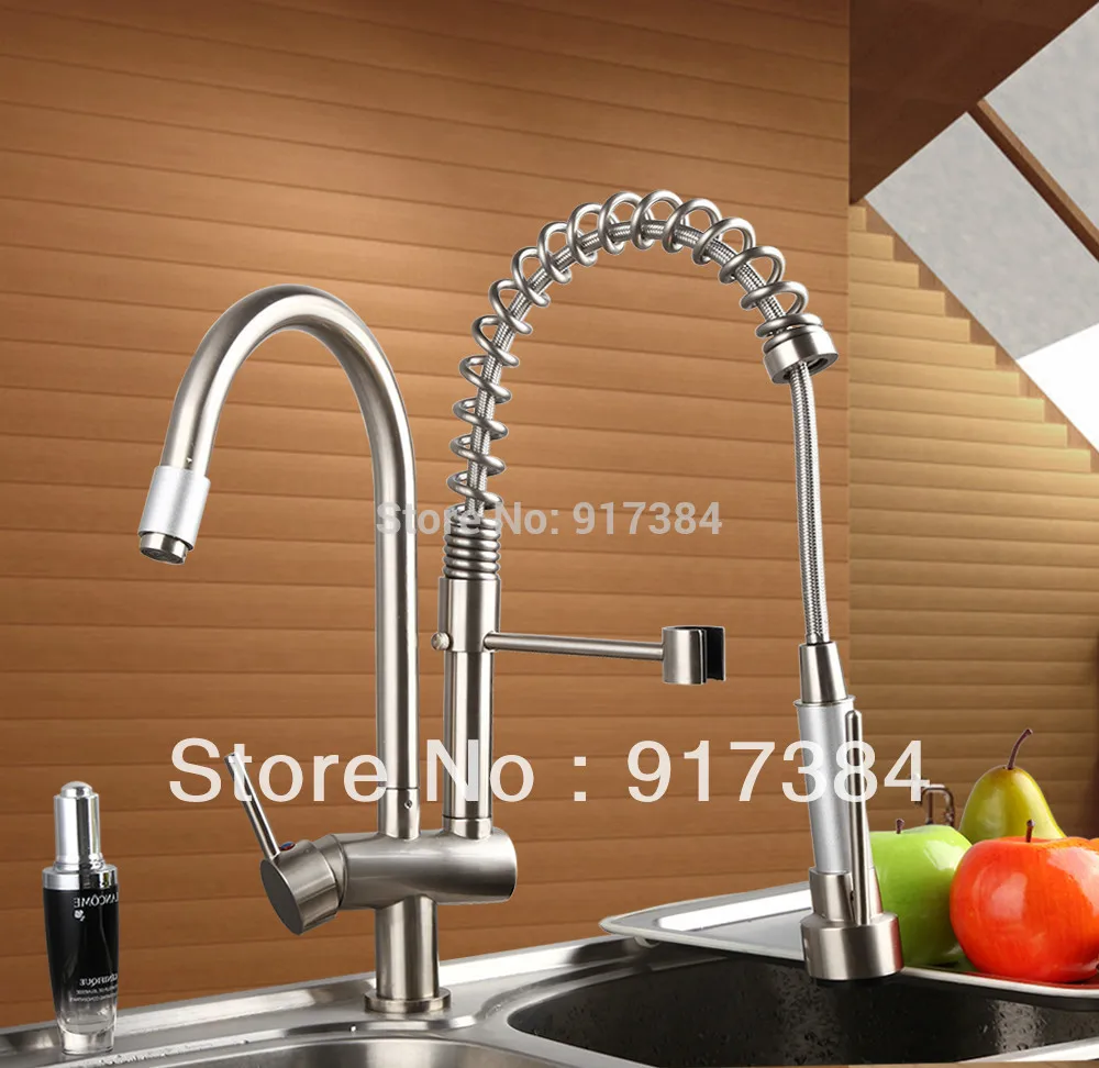 Nickel Brushed Deck Mount Spring Kitchen Faucet Swivel Spout Single Handle Pull out Spray Sink Mixer Tap L-8525-7 hot sale brushed nickel kitchen faucet spring style swivel spout single handle vessel mixer tap