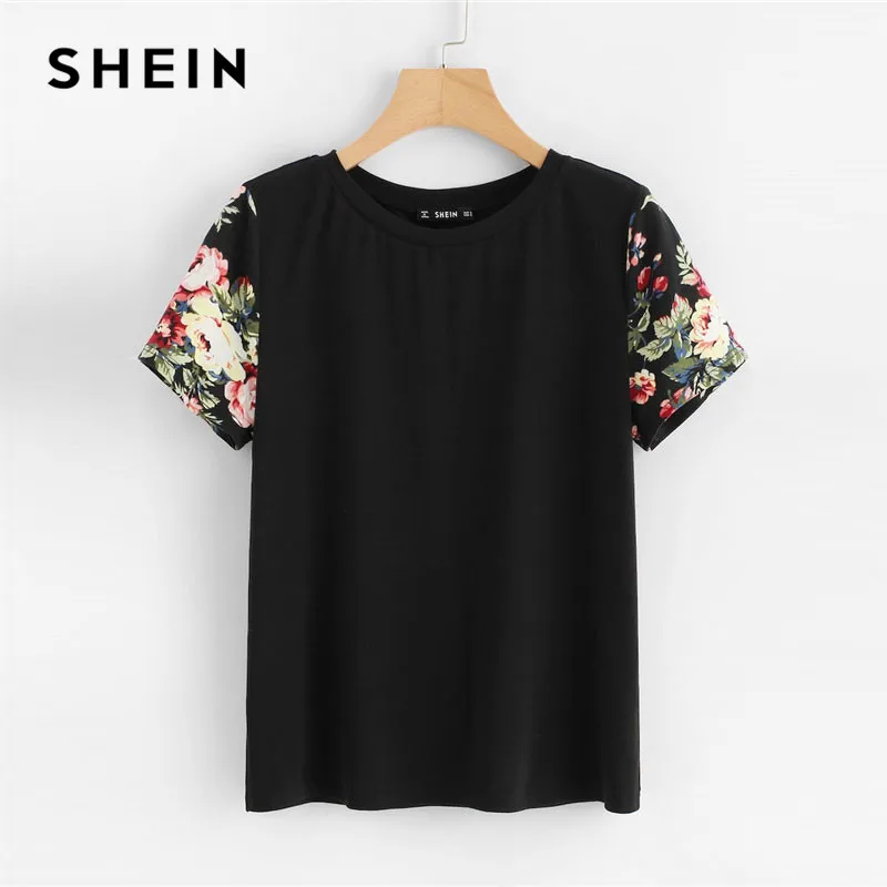 SHEIN Модная Футболка С Цветочным Принтом Цветочные Женские Повседневные Летние