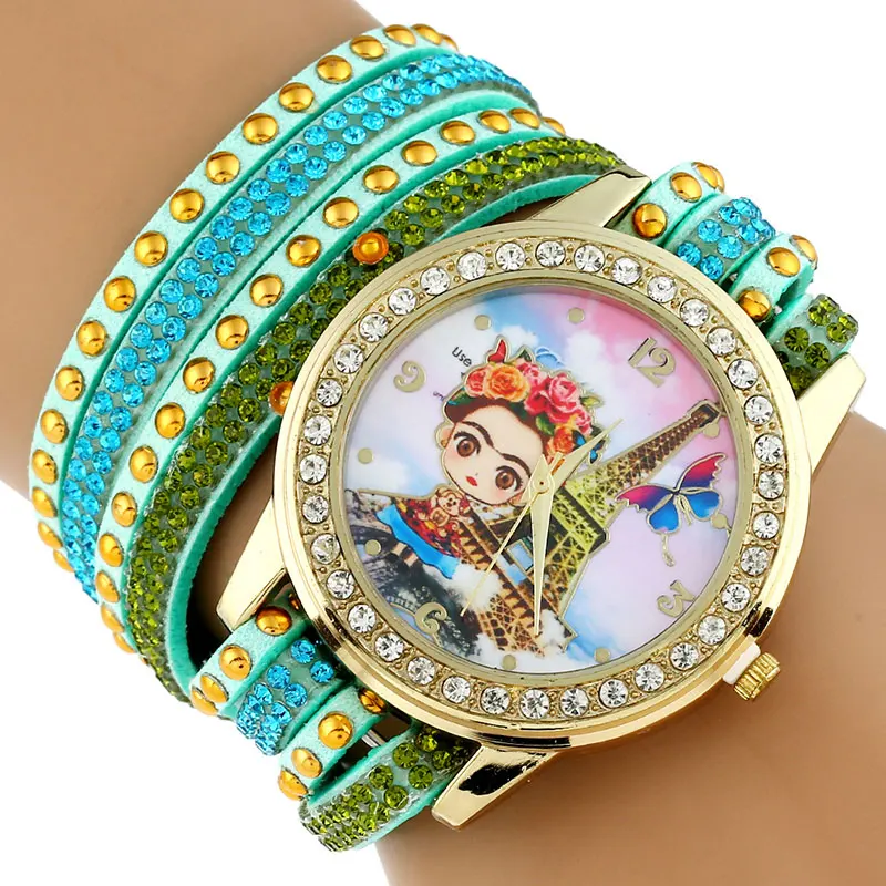 Gnova Платиновые топ с большим ремешком с большим циферблатом со стразами и ободком для девочек в стиле Парижа Модные женские наручные часы-браслет цвета для студентов - Цвет: Green Mint