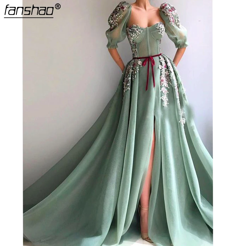 

Mint Green Muslim Evening Dress High Slit Lace A Line Islamic Dubai Saudi Arabic Long Elegant Evening Gown Long Prom Dress-in Ev