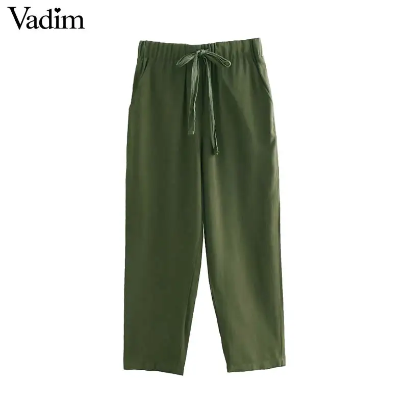 

Vadim women elegant solid casual straight pants bow tie elastic waist pocket female green trousers chic fashion pantalones KA771