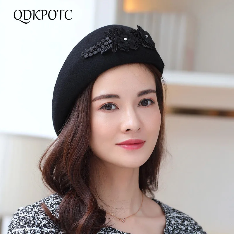 

QDKPOTC 2018100% Wool Women Fedoras Autumn And Winter New Flower Elegant Retro Cap England Fashion Banquet Hats