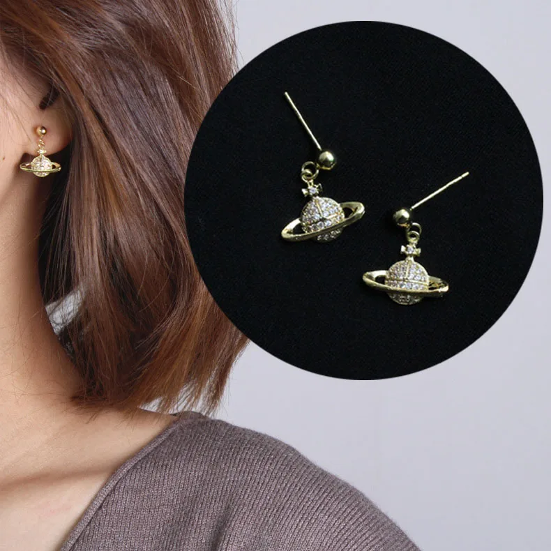 Новое поступление, корейские модные циркониевые Сатурн серьги-гвоздики с золотым покрытием, серьги «Планета» для женщин, хорошее ювелирное изделие