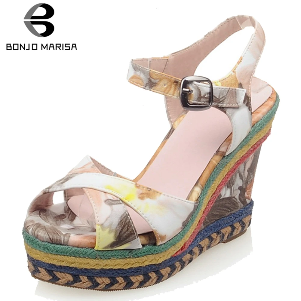 

BONJOMARISA 2020 New Flower Print Platform Sandals Women Summer Big Size 32-43 INS Colored Fashion Women High Wedges Shoes Woman