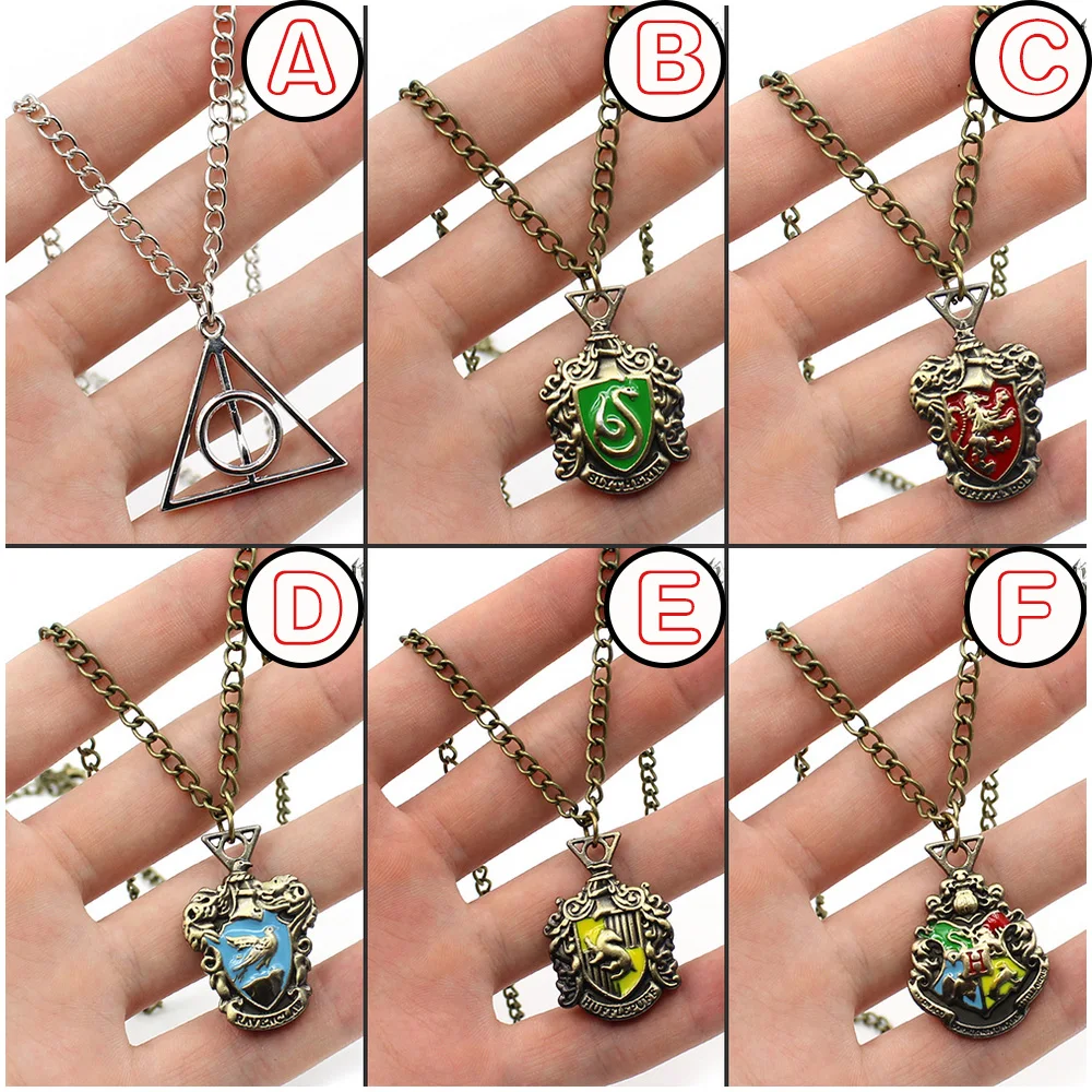 

Harri Potter Deathly Hallows Hogwarts School Gryffindor Slytherin Ravenclaw Hufflepuff Symbol Metal Pendant Necklace Chain Gift