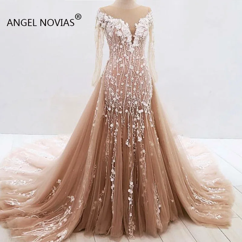 

ANGEL NOVIAS Long Sleeves Mermaid Champagne Abendkleider Arabic Evening Dress 2019 Robe De Soiree Longue 2018 Musulman