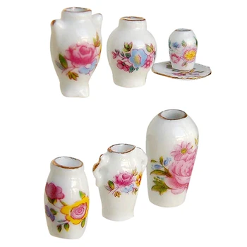 

Dollhosue miniature kitchen modern ceramic china porcelain rose vase 7pcs