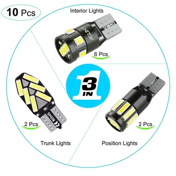 

AGLINT 10PCS W5W LED CANBUS T10 194 168 LED Bulbs kit For Position Light Interior Dome Map Side Door Trunk Plate License 6000K