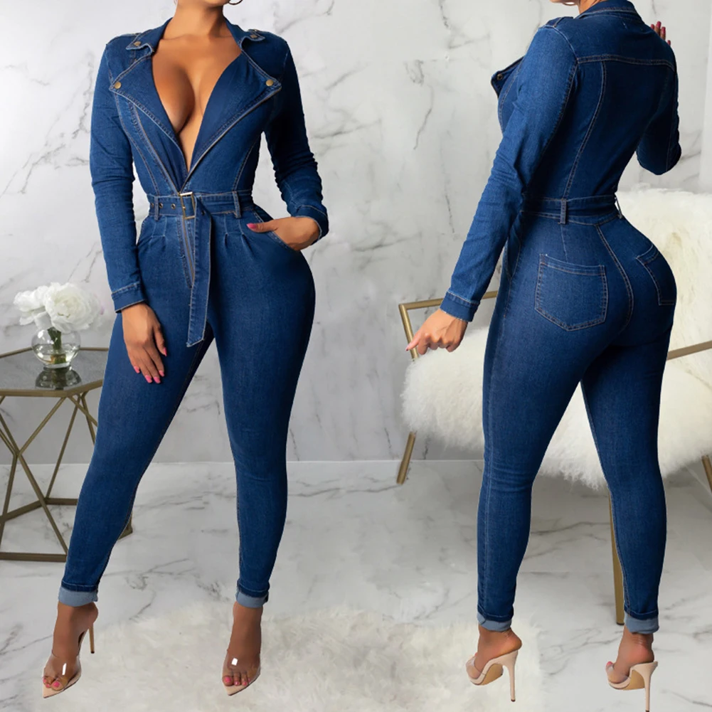 Модный женский комбинезон сексуальный с поясом на молнии Облегающий комбинезон высокого качества джинсовый комбинезон Комбинезоны Плюс размерные боди
