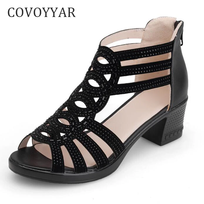 

COVOYYAR 2019 Summer Gladiator Sandals Women Open Toe Square Heel Casual Shoes Rhinestone Back Zip Women Boots Big Sizes WSS352