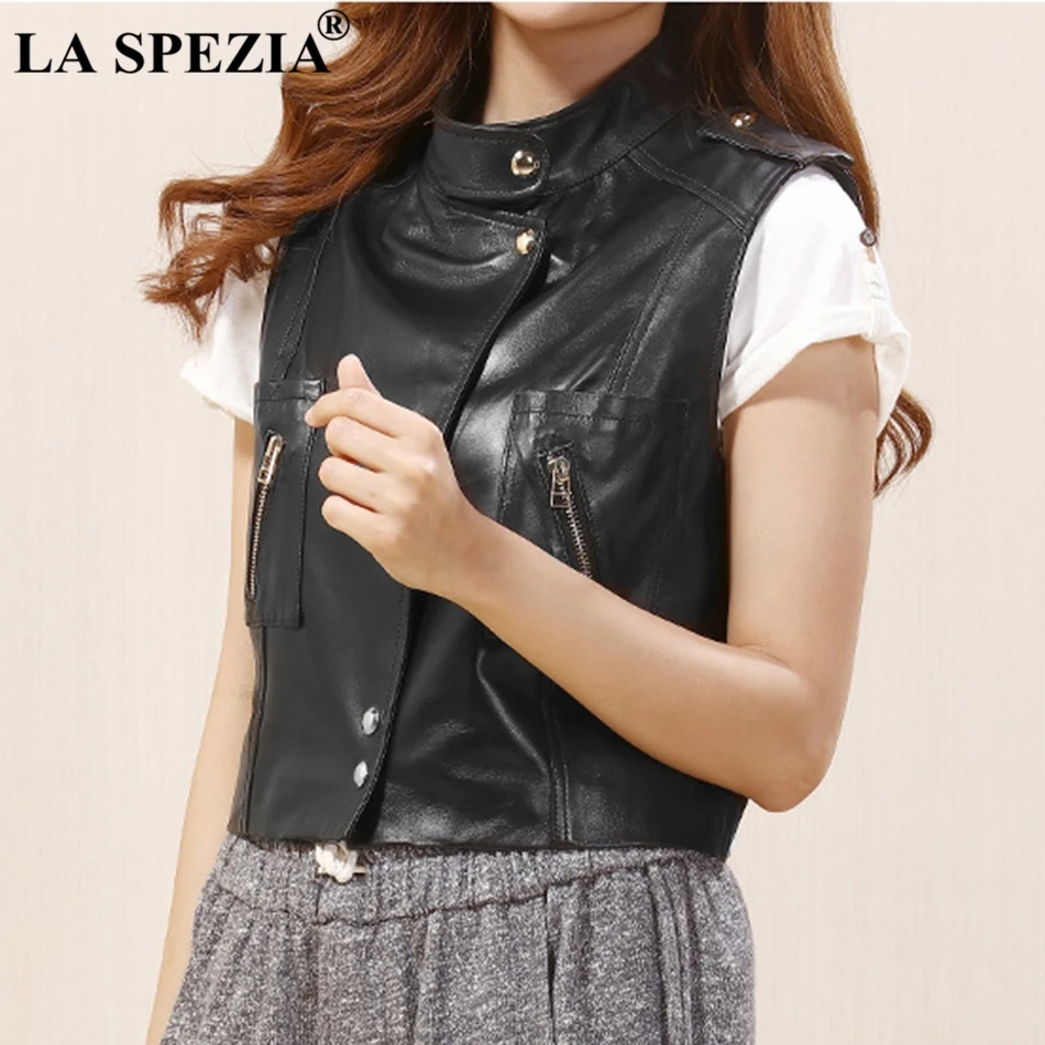 LA SPEZIA Black Vest For Women Biker Genuine Leather Waistcoat Ladies Zip Street Motorcycle Punk Sheepskin Solid Spring Jackets