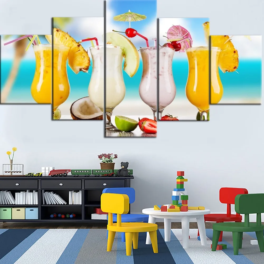 

Framework Top-Rated HD Printed Canvas Painting 5 Pieces Summer Tropical Fruit Juice Type Poster Home Decorative Living Room