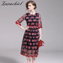 Летнее элегантное Сетчатое красное платье с цветочной вышивкой, сексуальное женское повседневное вечернее платье с круглым вырезом и расклешенными рукавами, vestidos mujer