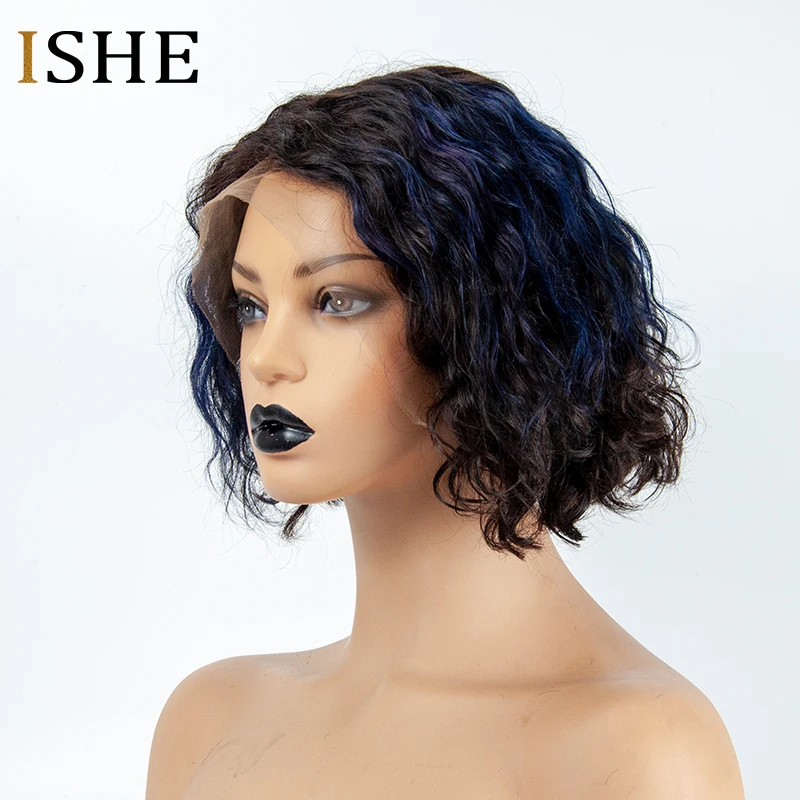 

Blue Curly 13x6 Front Lace Human Hair Short Bob Wigs Remy Brazilian Hair Glueless Lace Frontal Wig For Women Black Mixed Blue