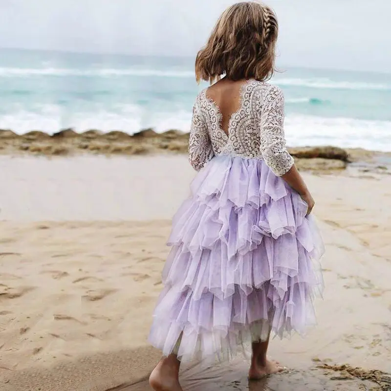 Новая детская одежда кружевное платье для маленьких девочек нарядные платья с длинными рукавами для маленьких девочек на свадьбу и выпускной детская пачка, многослойное платье - Цвет: purple