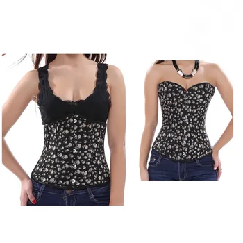 

Women's Sexy Brown Overbust and underbust Corset with Skull Print sexy Pirate Costume Dancer Top S-2XL
