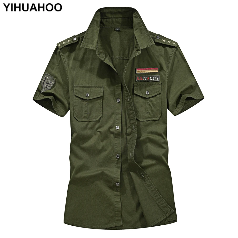 YIHUAHOO 4XL 5XL Casual Dress Shirt Men Summer Short Sleeve With Chest Pockets Military Army Pilot Cotton Shirt For Men CF-A07