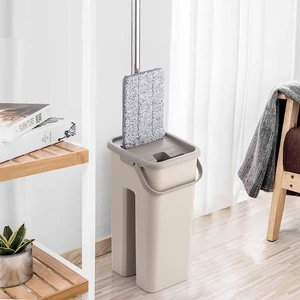 Плоская сжимаемая ленивая вращающаяся швабра ведро с прокладками из микрофибры Ручная стирка Бесплатная Волшебная самоэкструдирующая для кухонной уборки пола - изображение