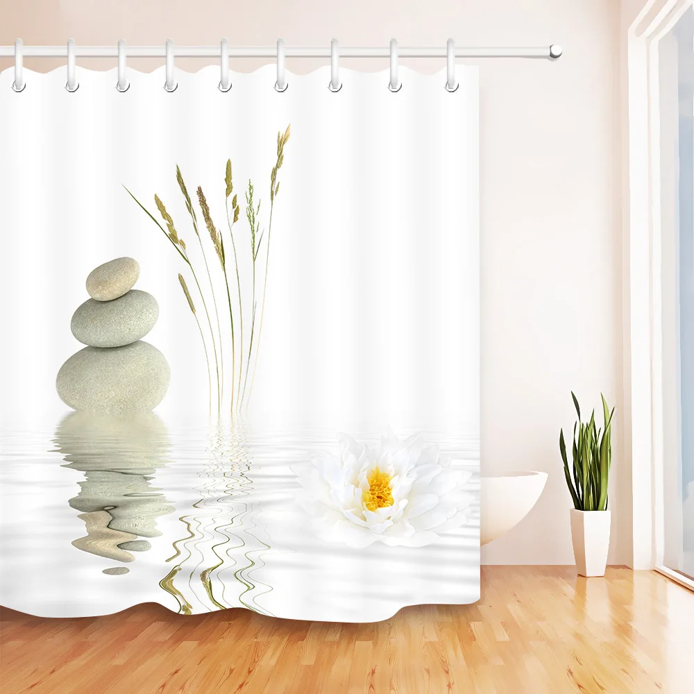 

Stones And White Lotus in Water Shower Curtain Zen / SPA White Bathroom Waterproof Extra Long Polyester Fabric for Bathtub Decor