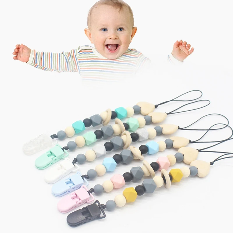 Baby Wooden Pacifier Chain Silicone Bead Dummy Pacifier Clip Holder