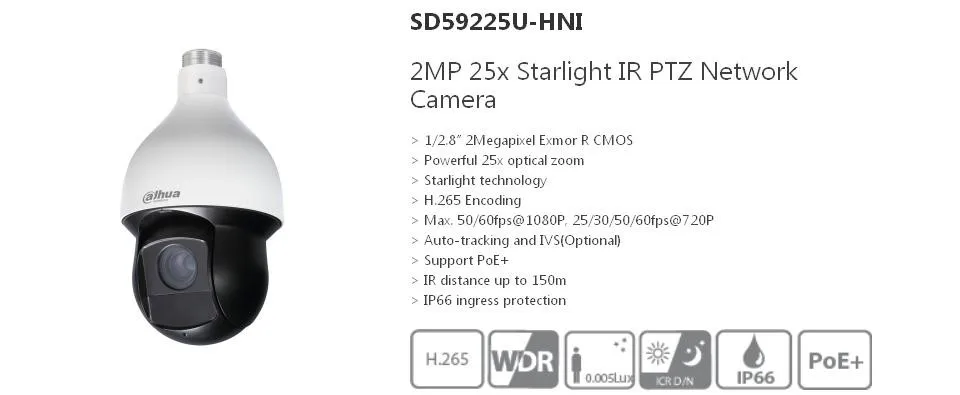 Dahua PTZ камера с автоматическим отслеживанием и IVS smart SD59225U-HNI 2MP H.265 PoE IR 150m фокусный объектив 4,8 мм~ 120 мм IP камера IP66