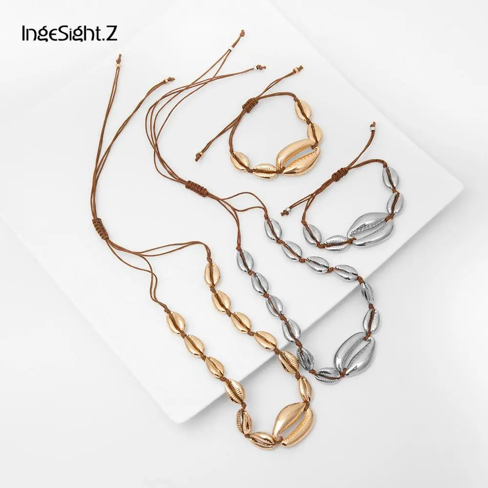 

IngeSight.Z Bohemian Adjustable Natural Cowrie Sea Shell Choker Necklace Collar Statement Big Alloy Shell Necklace Women Jewelry