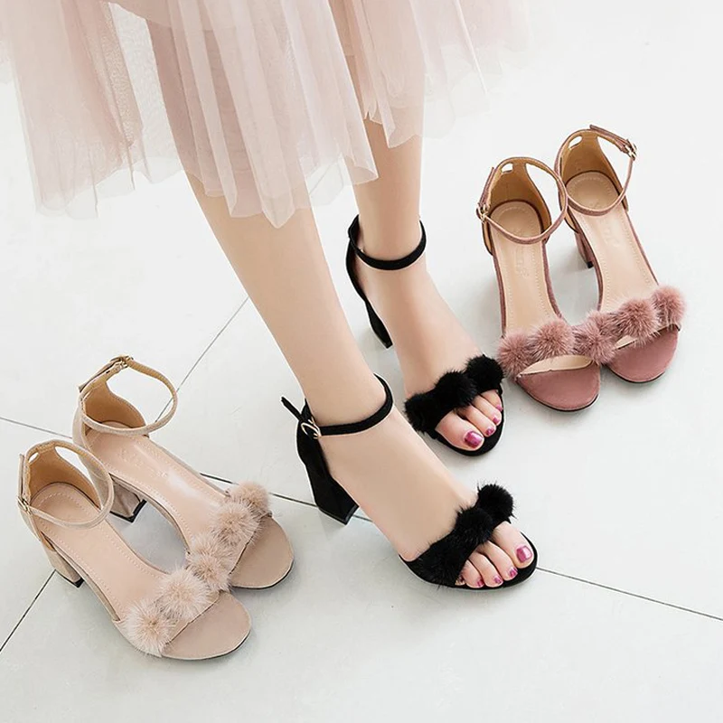 

Girl Suede Wedge Shoes Plush Ball 7cm Heel Female Sandal Fashion New Sexy Sandals Women High Heels Block Heel Shoe Young Girls